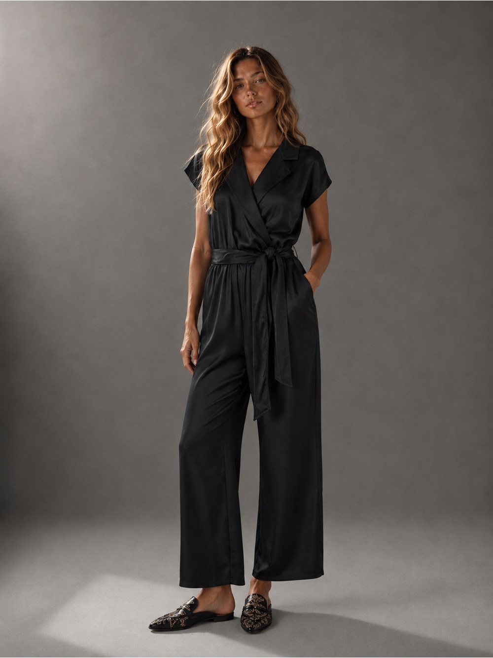 Bar III Black Satin Wrap Front Wide Leg Jumpsuit 2X